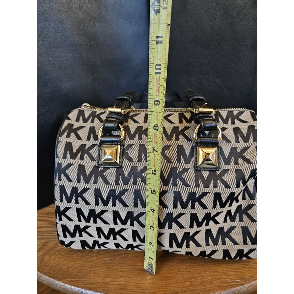 Michael Kors MK Signature Jacquard Satchel Black Beige Gold Hardware Handbag - Picture 3 of 9
